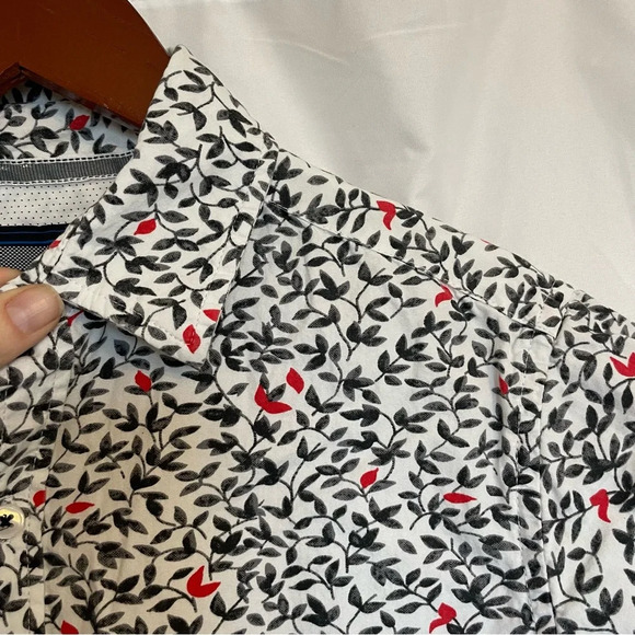 MONUMENT Men’s Cotton Button Down Short Sleeve Grey Red Leaf Small - Picture 7 of 14